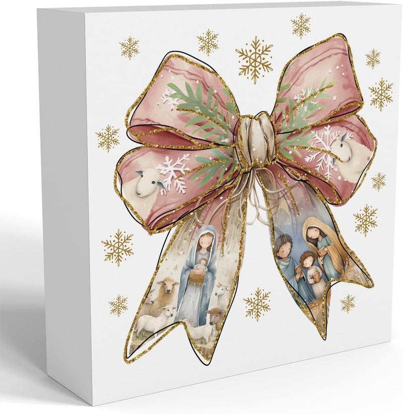 FXEFXE Pink Christmas Decor, Christian Christmas Decorations Indoor, Glitter Bow Nativity Scene Snowflake Sign Gift for Women Friends, Rustic Wooden Box Sign for Home Office Bedroom Desk Decor 5x5 Inches - Image 1